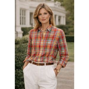 Lauren Ralph Lauren Plaid Shirt Womens 1X Multi-Color Cotton Button Down Preppy